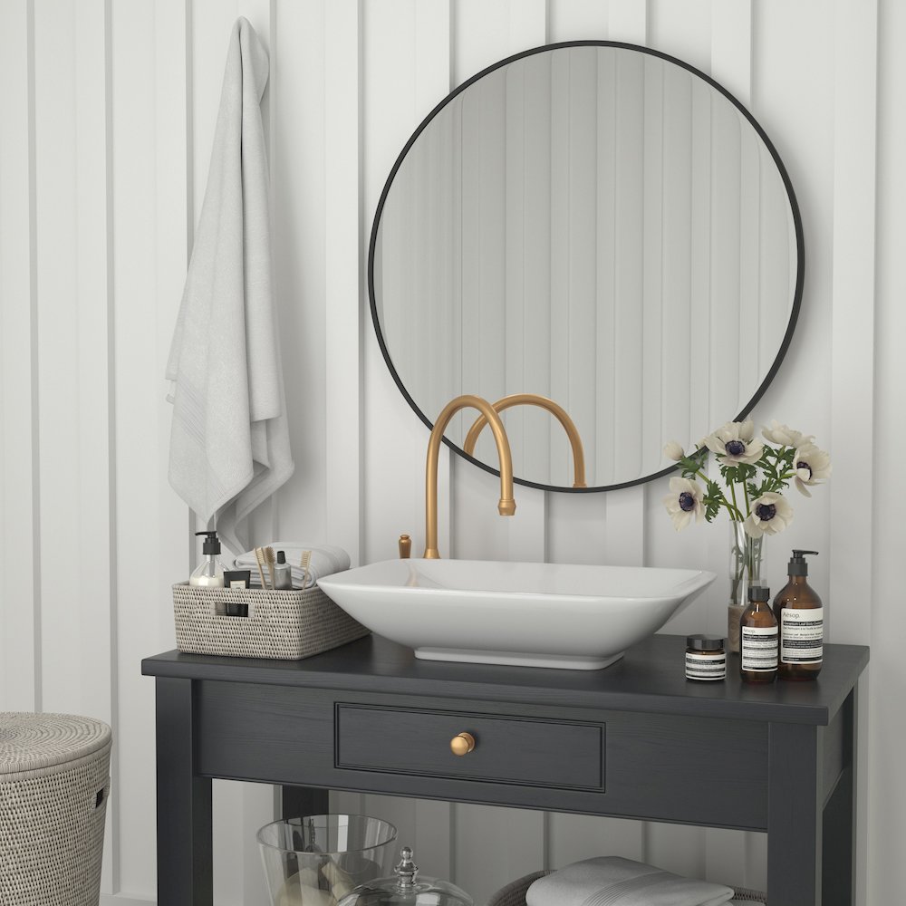 36" Round Black Metal Framed Wall Mirror. Picture 6
