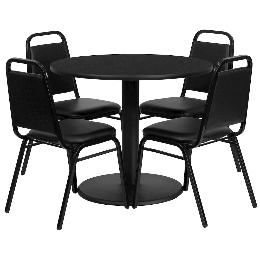36'' Black Table Set with Base and 4 Black Trapezoidal Back Banquet Chairs. Picture 1