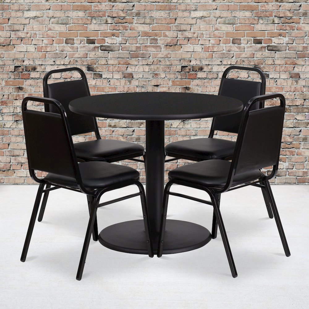 36'' Black Table Set with Base and 4 Black Trapezoidal Back Banquet Chairs. Picture 2