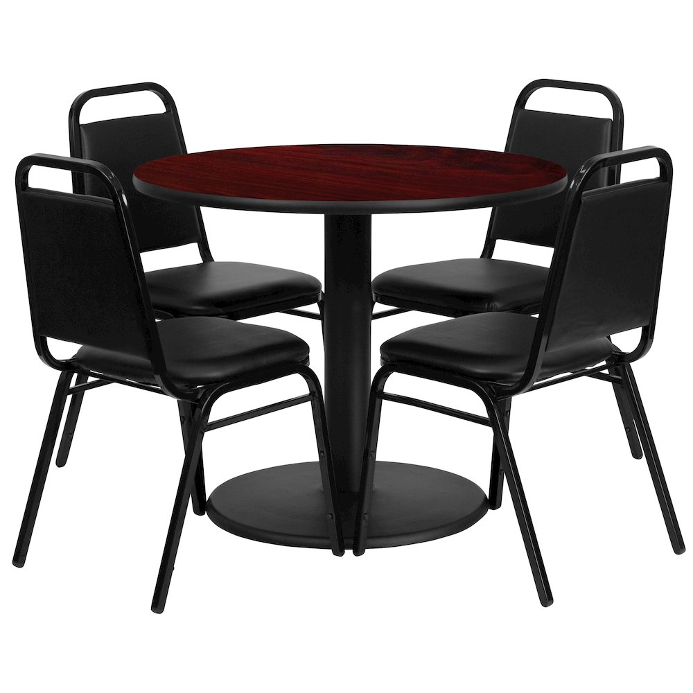 36'' Mahogany Table Set with Base and 4 Black Trapezoidal Back Banquet Chairs. Picture 1