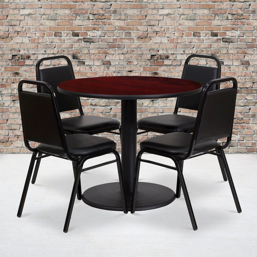 36'' Mahogany Table Set with Base and 4 Black Trapezoidal Back Banquet Chairs. Picture 2