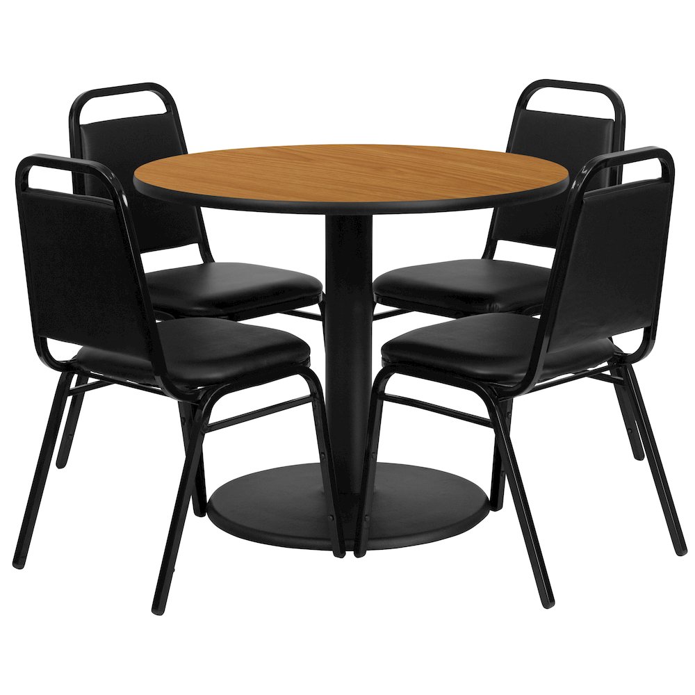 36'' Round Natural Laminate Table Set with Round Base and 4 Black Trapezoidal Back Banquet Chairs. Picture 1