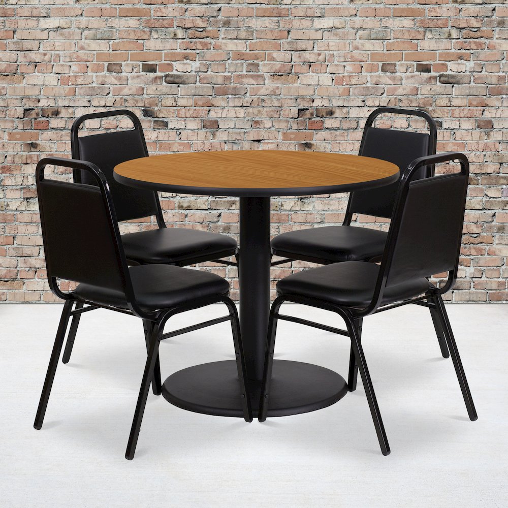 36'' Round Natural Laminate Table Set with Round Base and 4 Black Trapezoidal Back Banquet Chairs. Picture 2