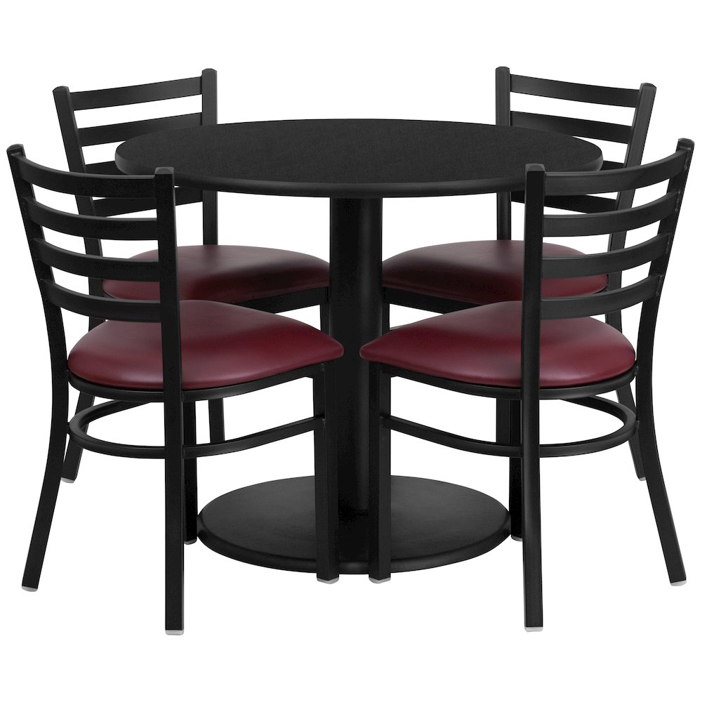 36'' Black Table Set with Base and 4 Metal Chairs - Burgundy Vinyl Seat. Picture 1