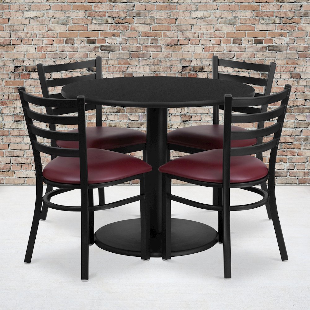 36'' Black Table Set with Base and 4 Metal Chairs - Burgundy Vinyl Seat. Picture 2