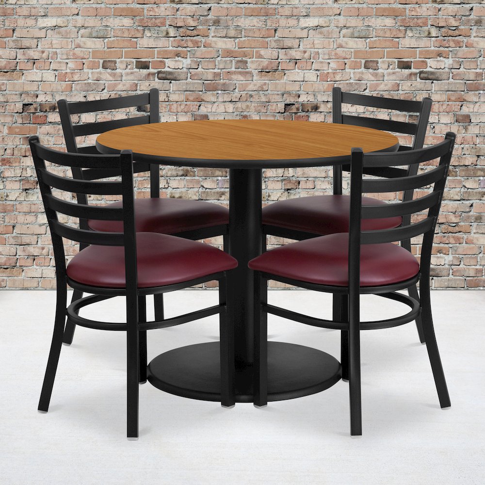 36'' Natural Table Set with Base and 4 Metal Chairs - Burgundy Vinyl Seat. Picture 2