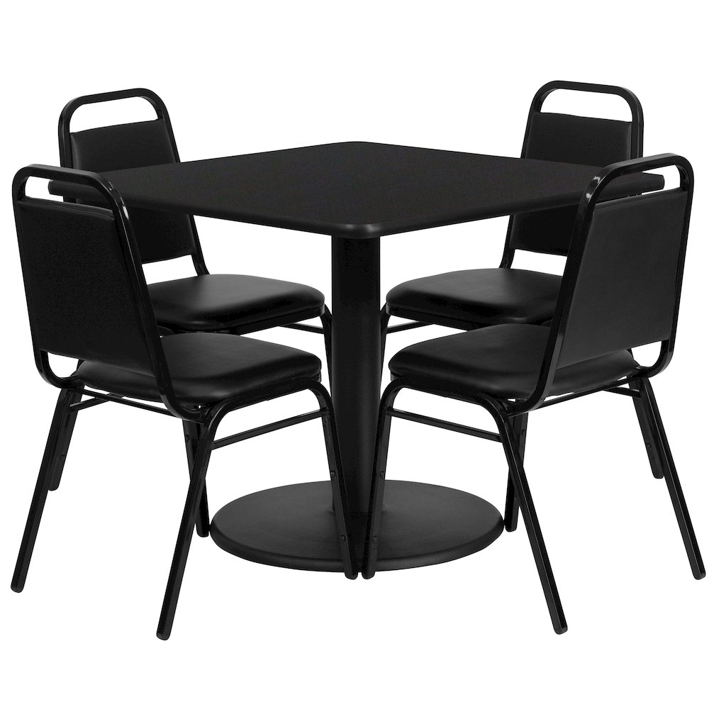 36'' Black Table Set with Round Base and 4 Black Trapezoidal Back Banquet Chairs. Picture 1