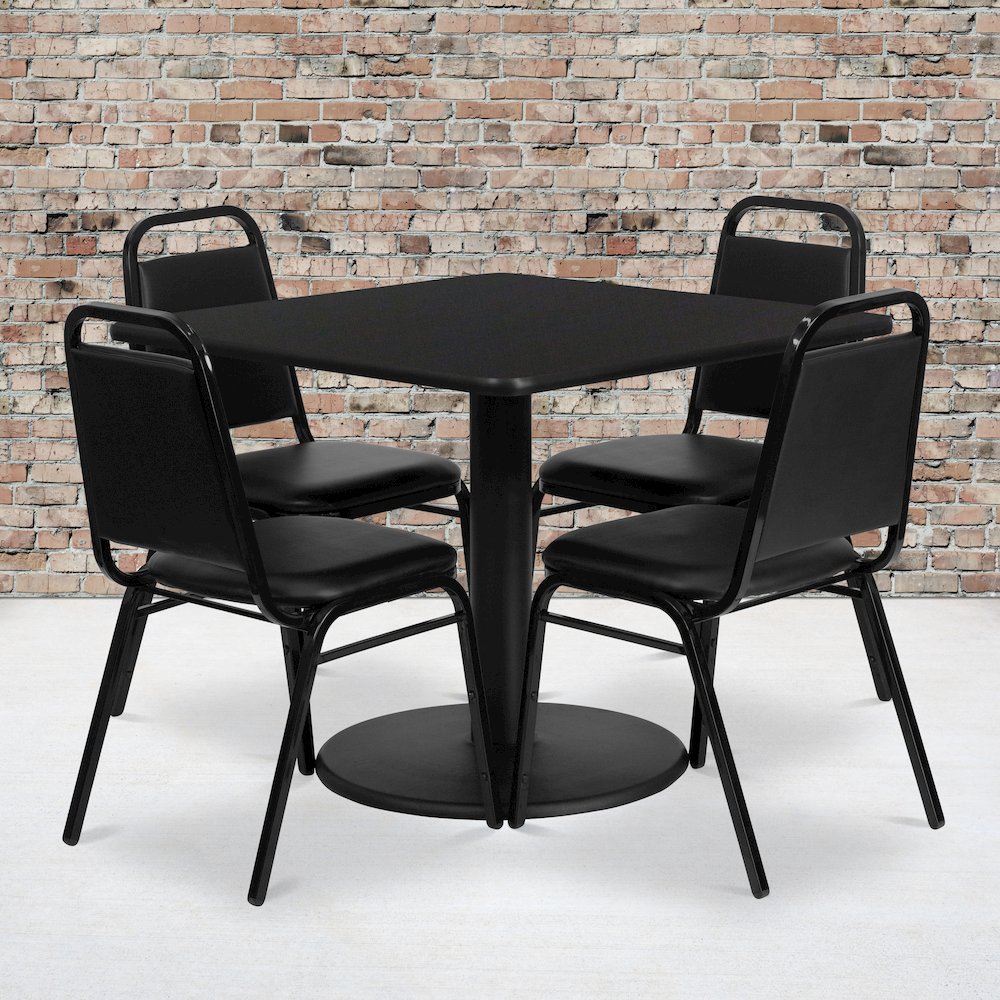 36'' Black Table Set with Round Base and 4 Black Trapezoidal Back Banquet Chairs. Picture 2