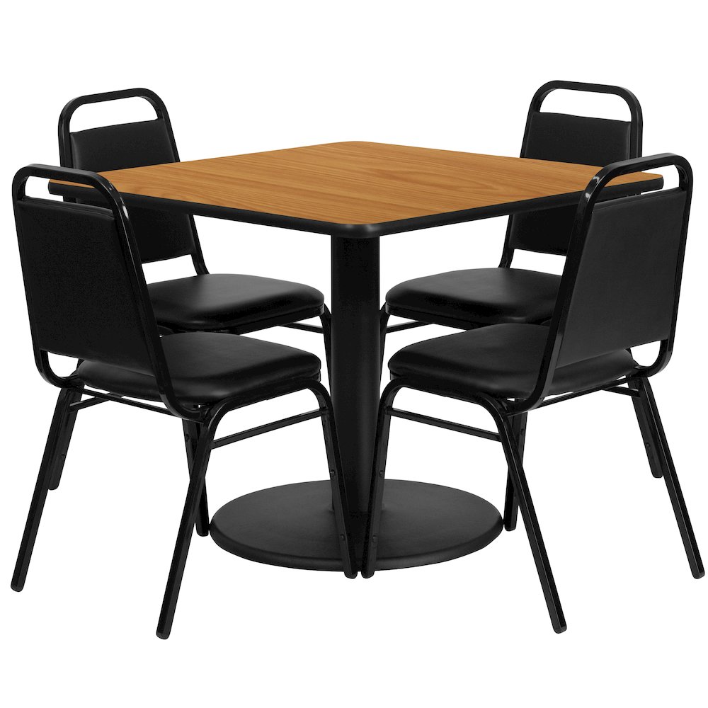 36'' Natural Table Set with Base and 4 Black Trapezoidal Back Banquet Chairs. Picture 1