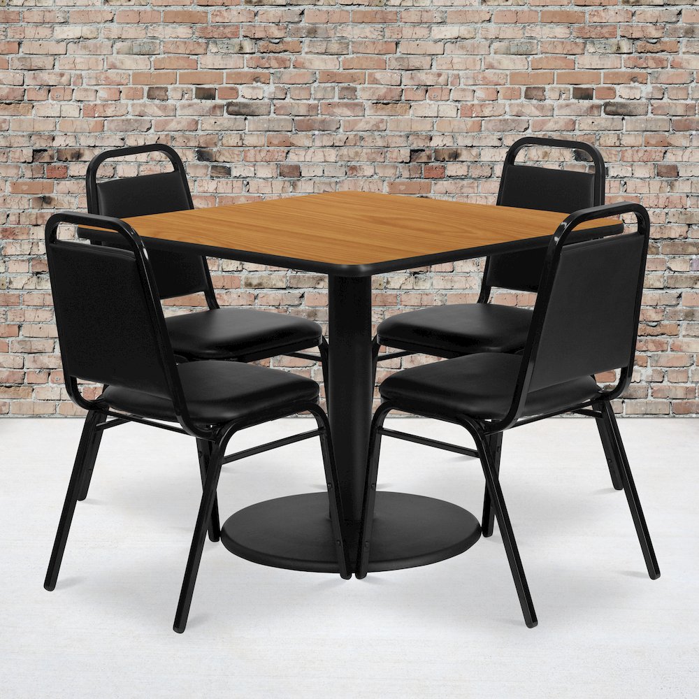 36'' Natural Table Set with Base and 4 Black Trapezoidal Back Banquet Chairs. Picture 2