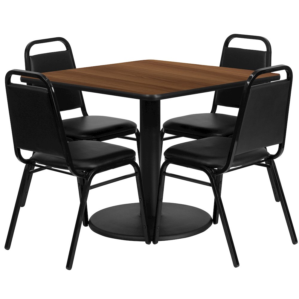 36'' Walnut Table Set with Base and 4 Black Trapezoidal Back Banquet Chairs. Picture 1