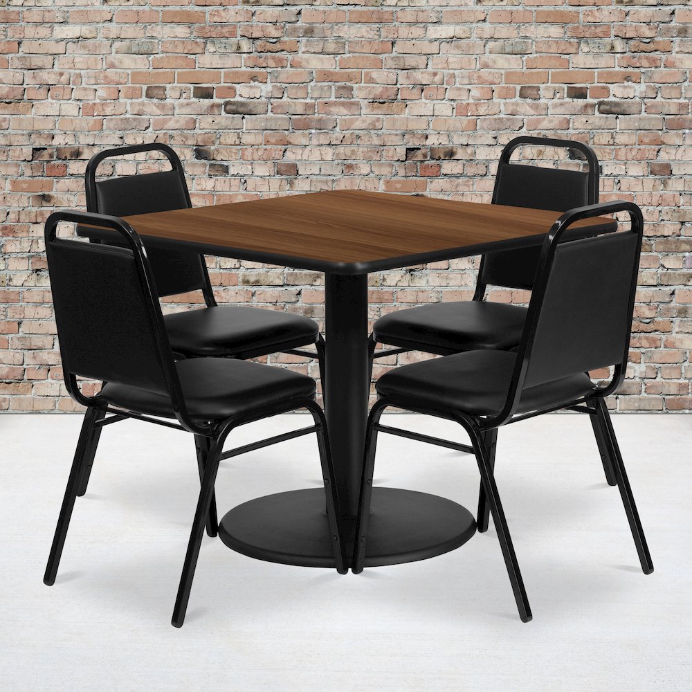 36'' Walnut Table Set with Base and 4 Black Trapezoidal Back Banquet Chairs. Picture 2