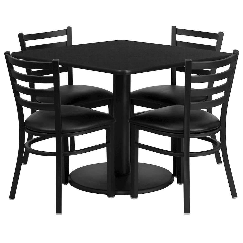 36'' Black Table Set with Base and 4 Ladder Back Metal Chairs - Black Vinyl Seat. Picture 1