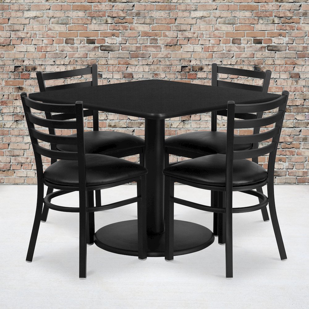 36'' Black Table Set with Base and 4 Ladder Back Metal Chairs - Black Vinyl Seat. Picture 2