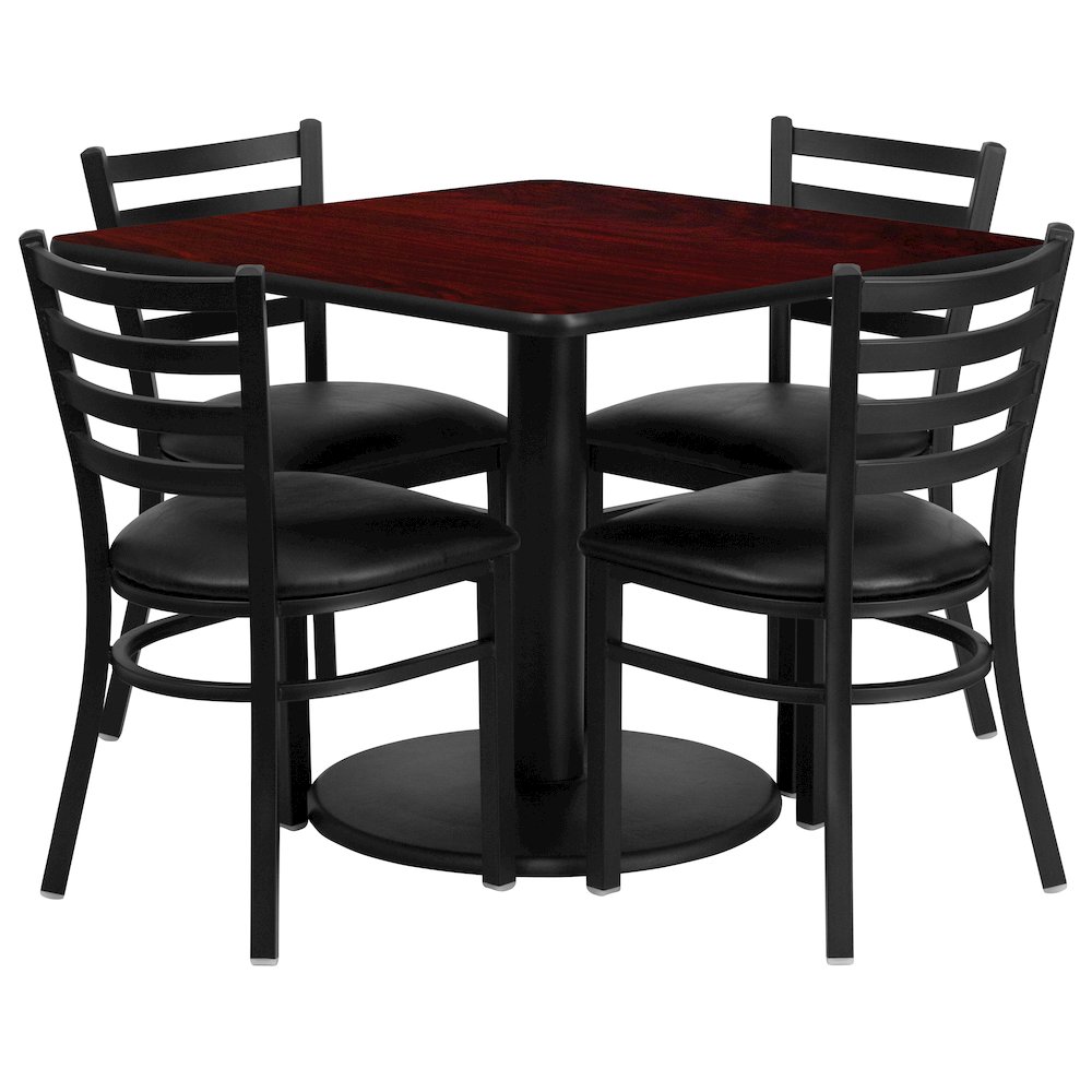 36'' Mahogany Table Set with Base and 4 Metal Chairs - Black Vinyl Seat. Picture 1