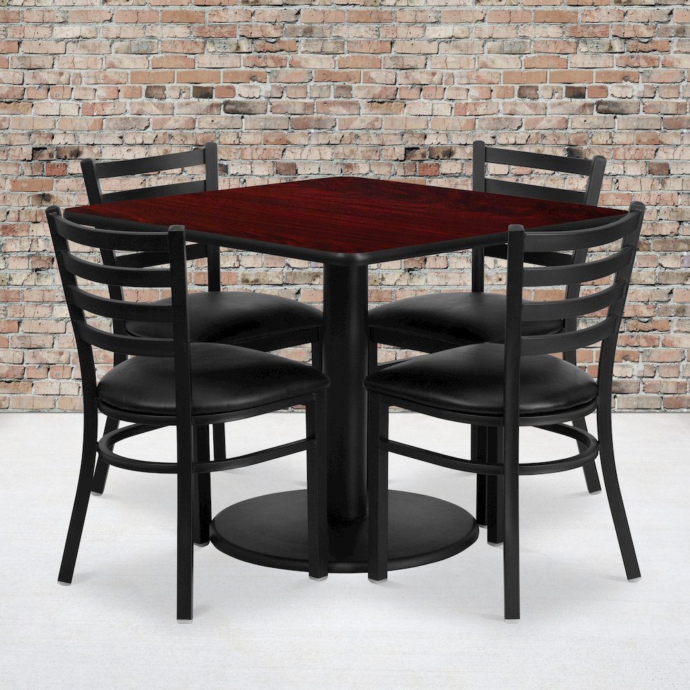 36'' Mahogany Table Set with Base and 4 Metal Chairs - Black Vinyl Seat. Picture 2