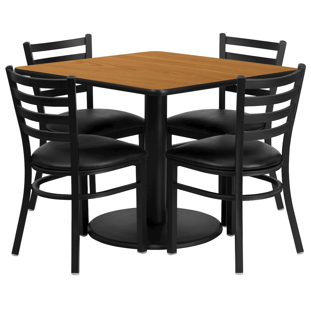 36'' Square Natural Laminate Table Set with Round Base and 4 Ladder Back Metal Chairs - Black Vinyl Seat. Picture 1