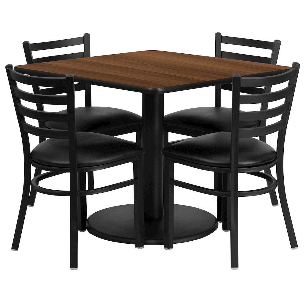 36'' Walnut Table Set with Base and 4 Metal Chairs - Black Vinyl Seat. Picture 1
