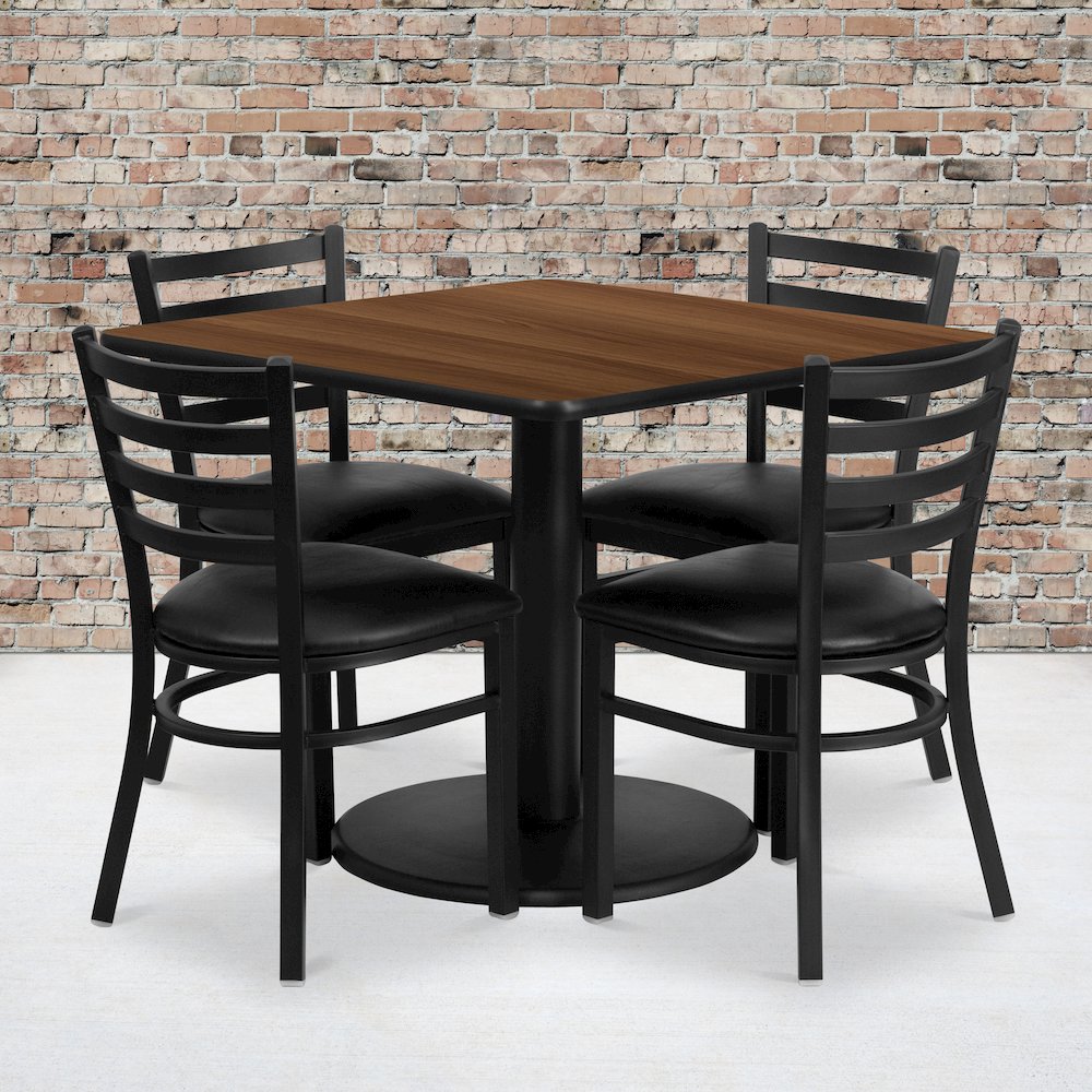 36'' Walnut Table Set with Base and 4 Metal Chairs - Black Vinyl Seat. Picture 2
