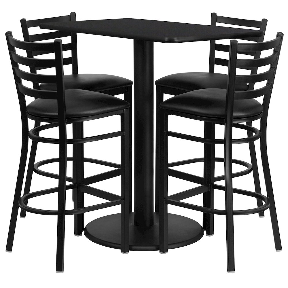 24'' x 42'' Rectangular Black Laminate Table Set with 4 Ladder Back Metal Barstools - Black Vinyl Seat. Picture 1