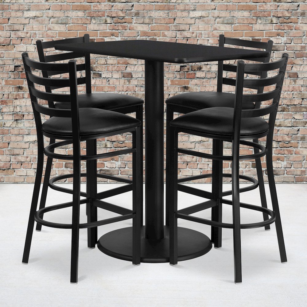 24'' x 42'' Rectangular Black Laminate Table Set with 4 Ladder Back Metal Barstools - Black Vinyl Seat. Picture 2