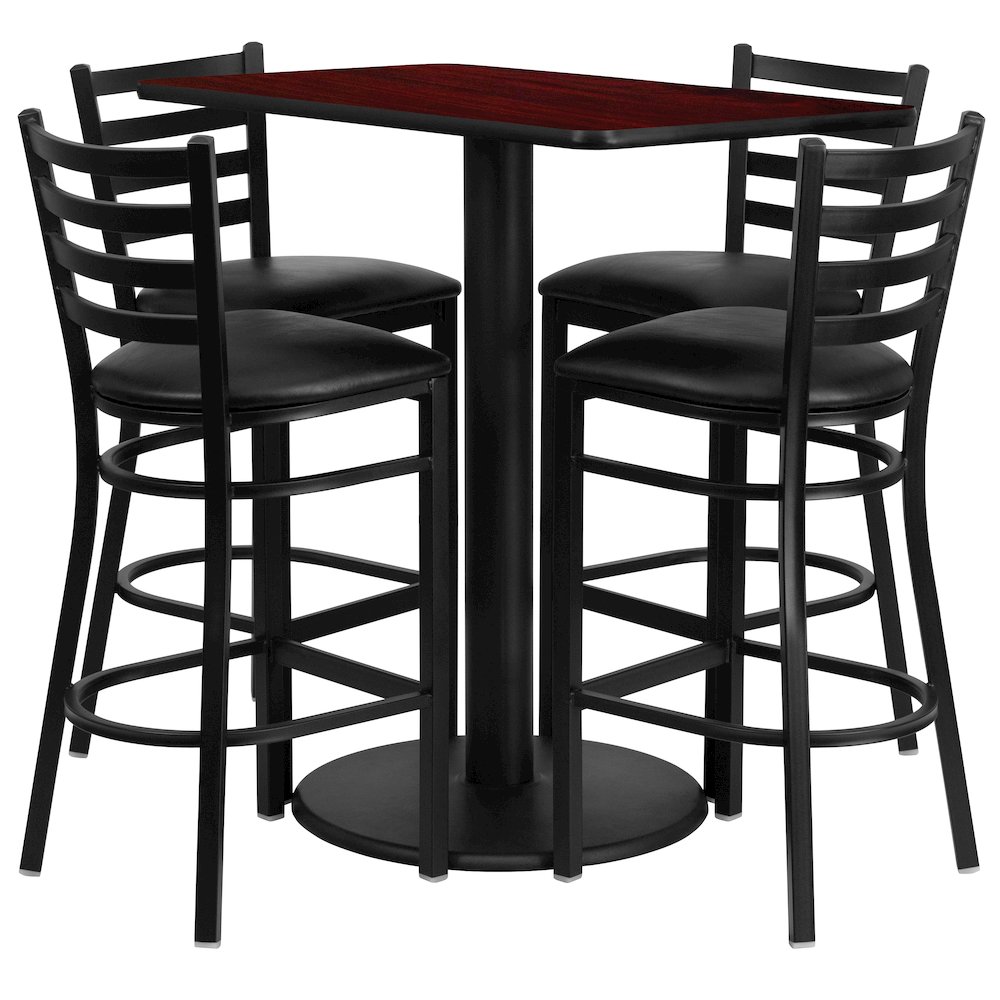 24'' x 42'' Rectangular Mahogany Laminate Table Set with 4 Ladder Back Metal Barstools - Black Vinyl Seat. Picture 1
