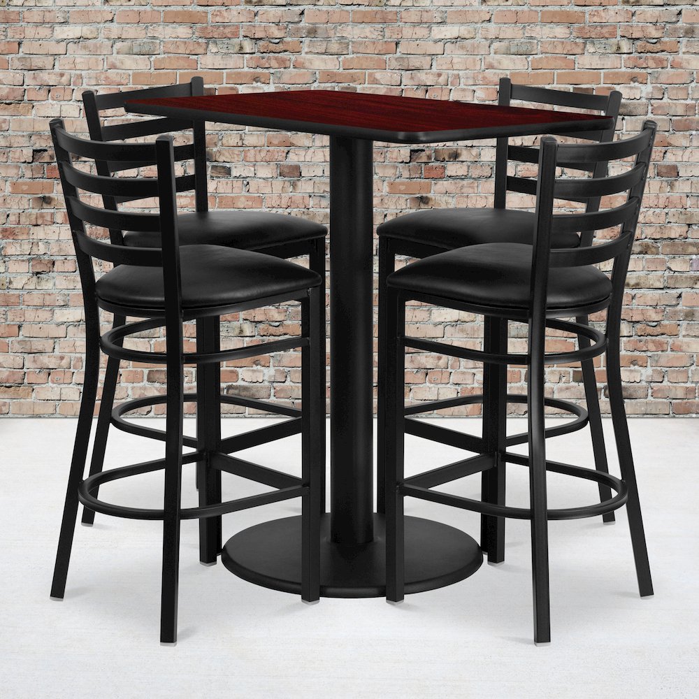 24'' x 42'' Rectangular Mahogany Laminate Table Set with 4 Ladder Back Metal Barstools - Black Vinyl Seat. Picture 2