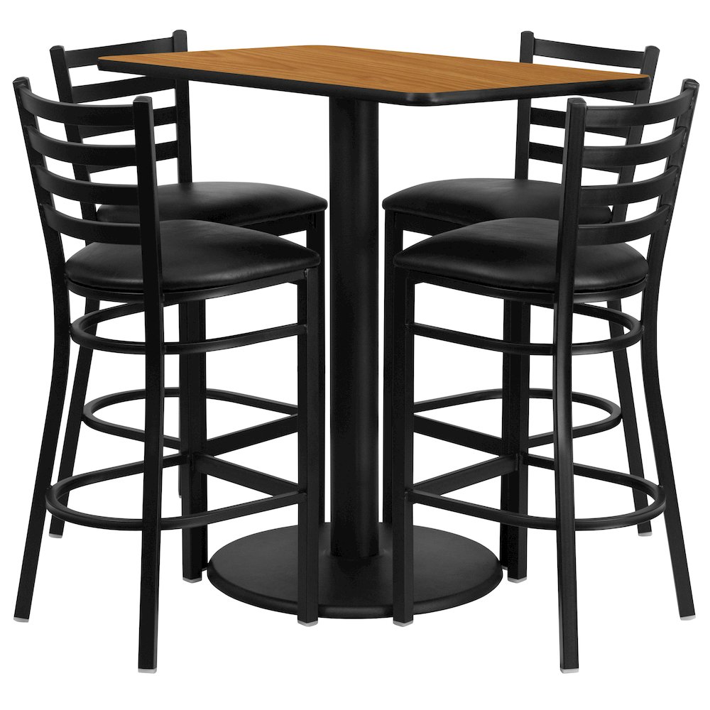 24'' x 42'' Rectangular Natural Laminate Table Set with 4 Ladder Back Metal Barstools - Black Vinyl Seat. Picture 1