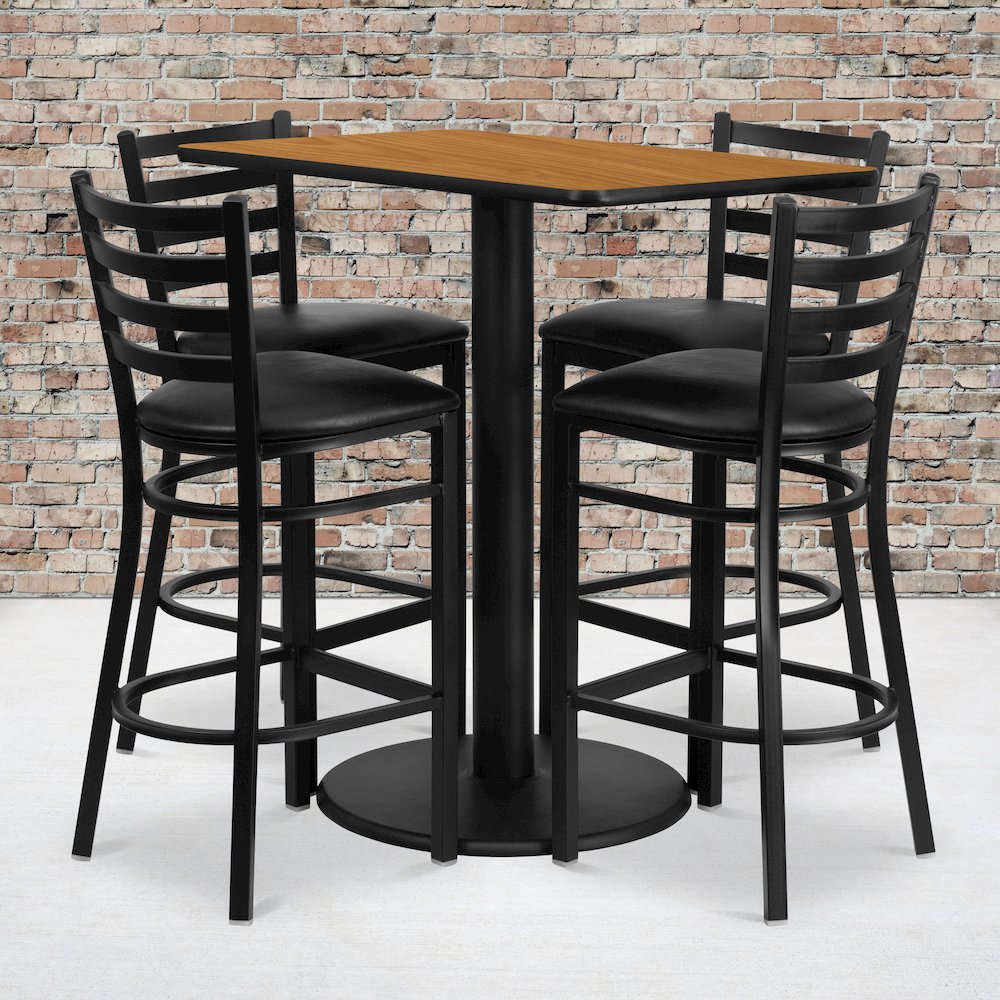 24'' x 42'' Rectangular Natural Laminate Table Set with 4 Ladder Back Metal Barstools - Black Vinyl Seat. Picture 2