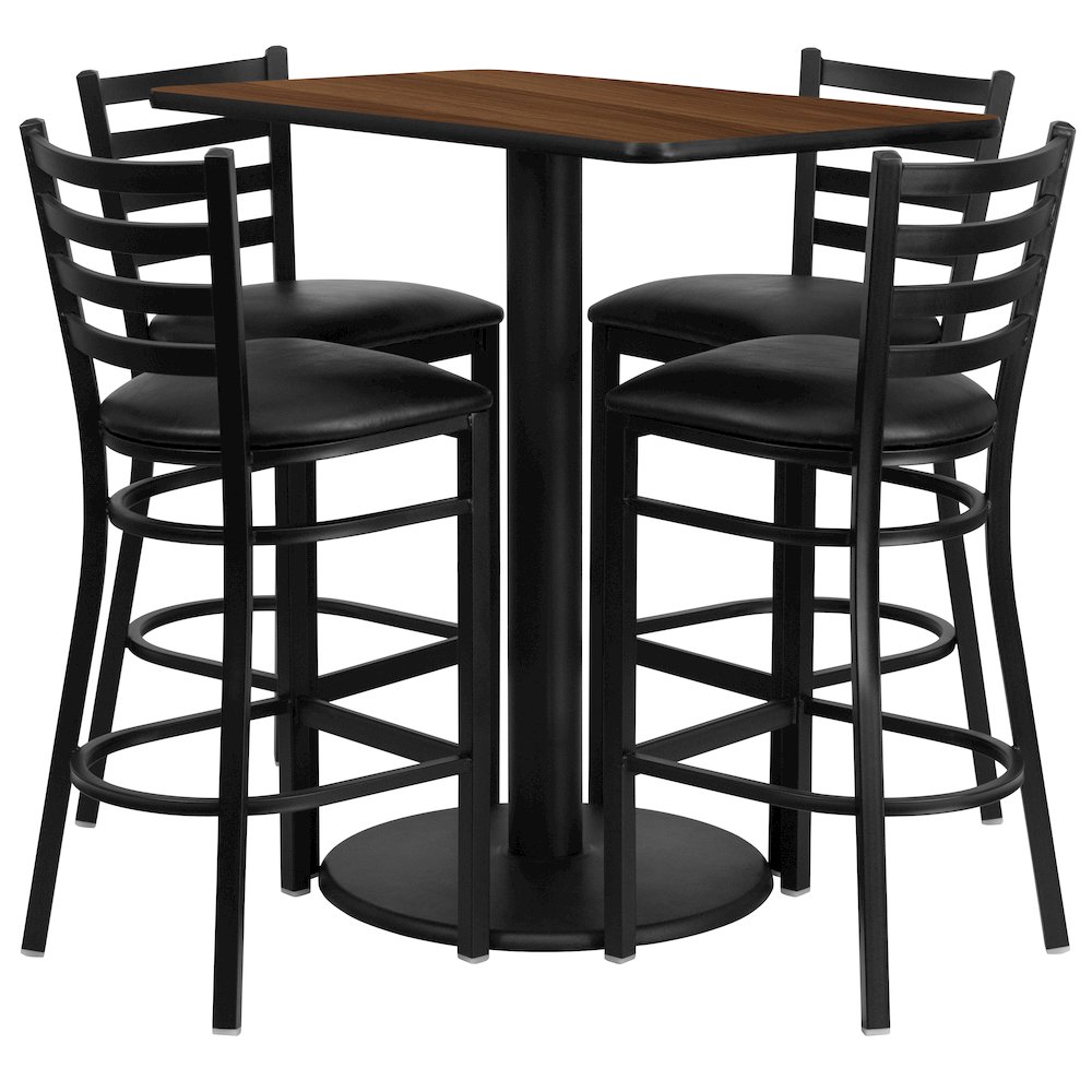 24'' x 42'' Walnut Table Set with 4 Metal Barstools - Black Vinyl Seat. Picture 1
