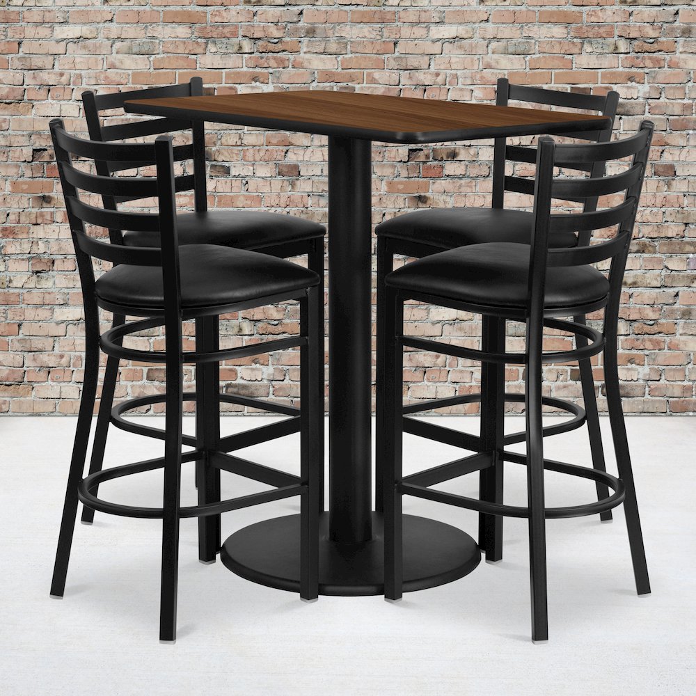 24'' x 42'' Walnut Table Set with 4 Metal Barstools - Black Vinyl Seat. Picture 2