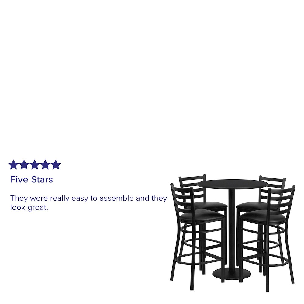 30'' Round Black Laminate Table Set with Round Base and 4 Ladder Back Metal Barstools - Black Vinyl Seat. Picture 3
