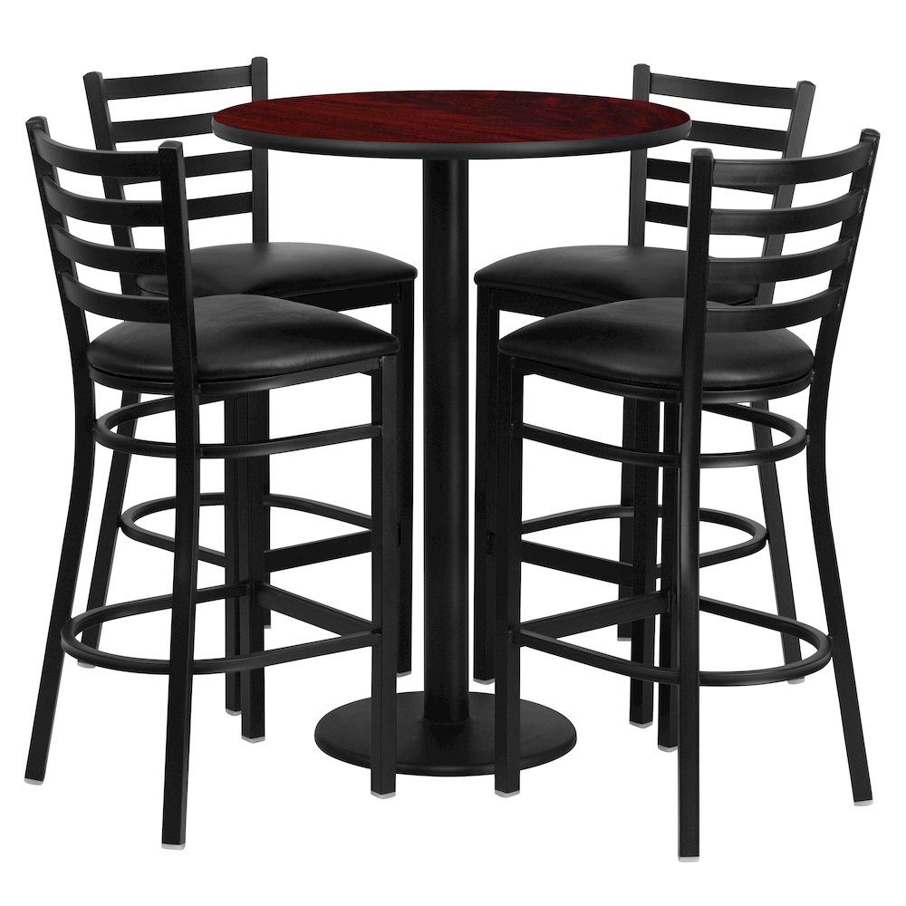 30'' Mahogany Table Set with Base and 4 Metal Barstools - Black Vinyl Seat. Picture 1