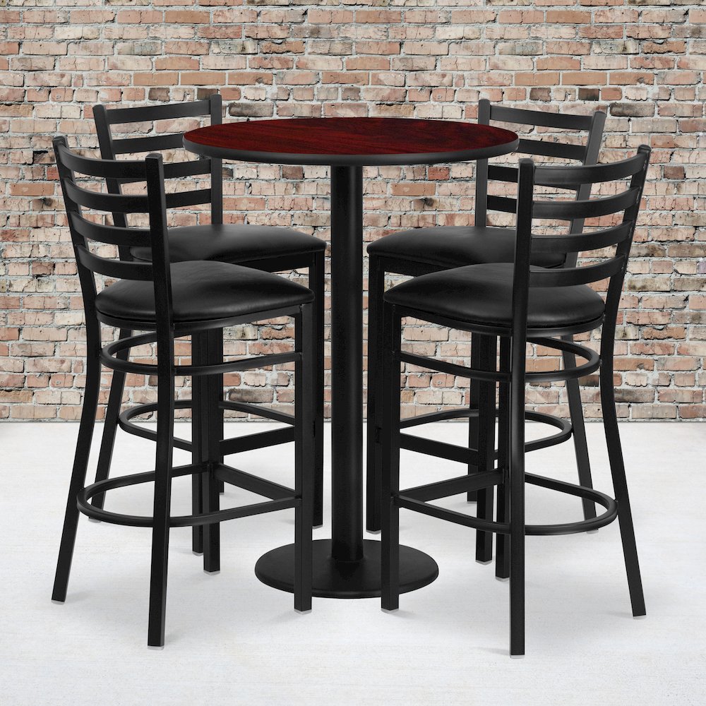 30'' Mahogany Table Set with Base and 4 Metal Barstools - Black Vinyl Seat. Picture 2