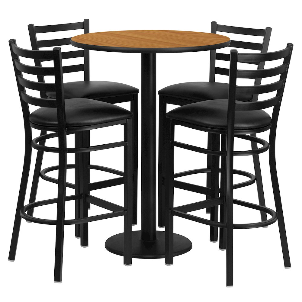 30'' Natural Table Set with Base and 4 Metal Barstools - Black Vinyl Seat. Picture 1