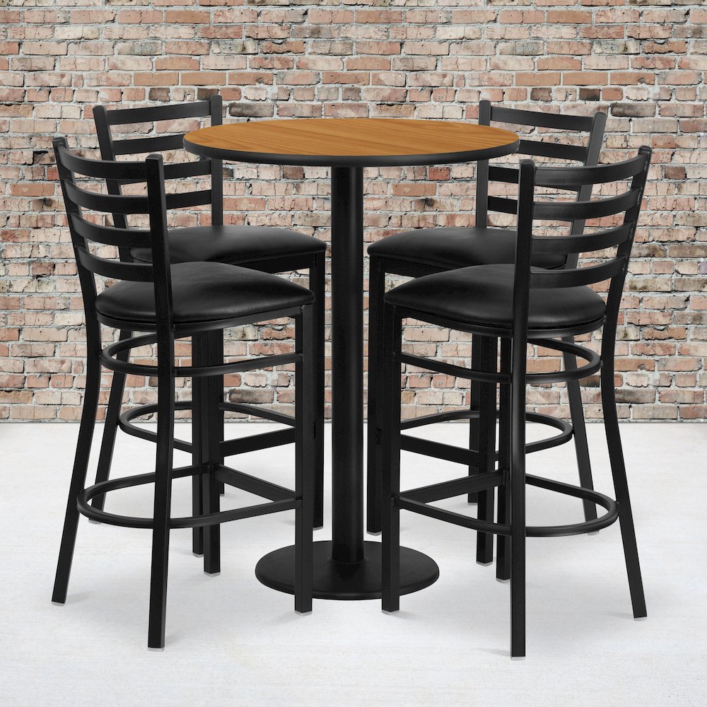 30'' Natural Table Set with Base and 4 Metal Barstools - Black Vinyl Seat. Picture 2