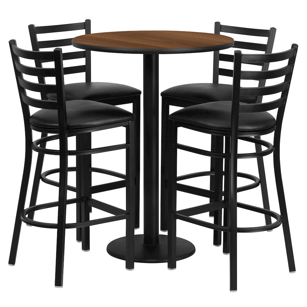 30'' Walnut Table Set with Base and 4 Metal Barstools - Black Vinyl Seat. Picture 1