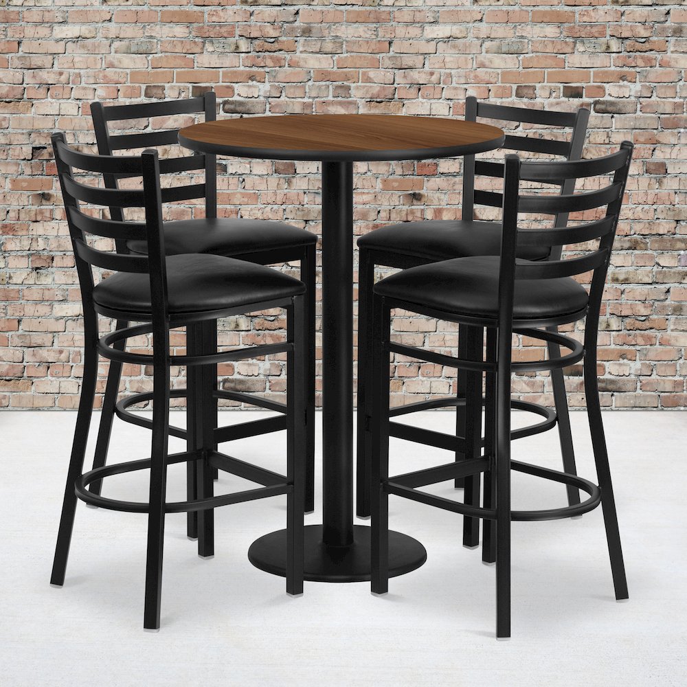 30'' Walnut Table Set with Base and 4 Metal Barstools - Black Vinyl Seat. Picture 2