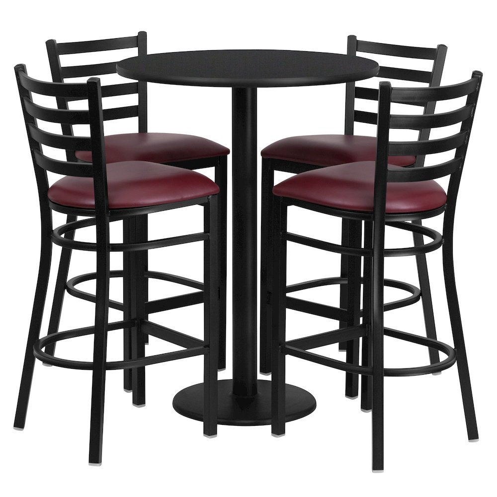 30'' Black Table Set with Base and 4 Metal Barstools - Burgundy Vinyl Seat. Picture 1