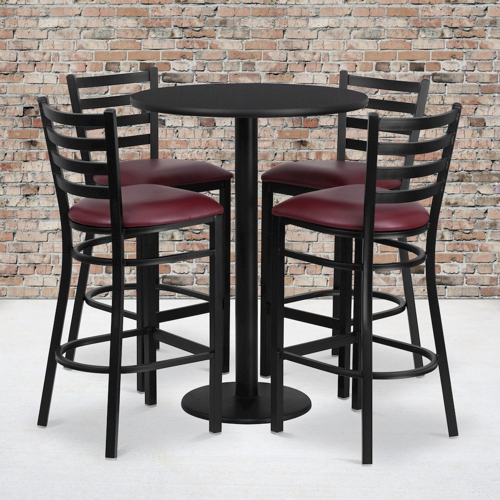 30'' Black Table Set with Base and 4 Metal Barstools - Burgundy Vinyl Seat. Picture 2