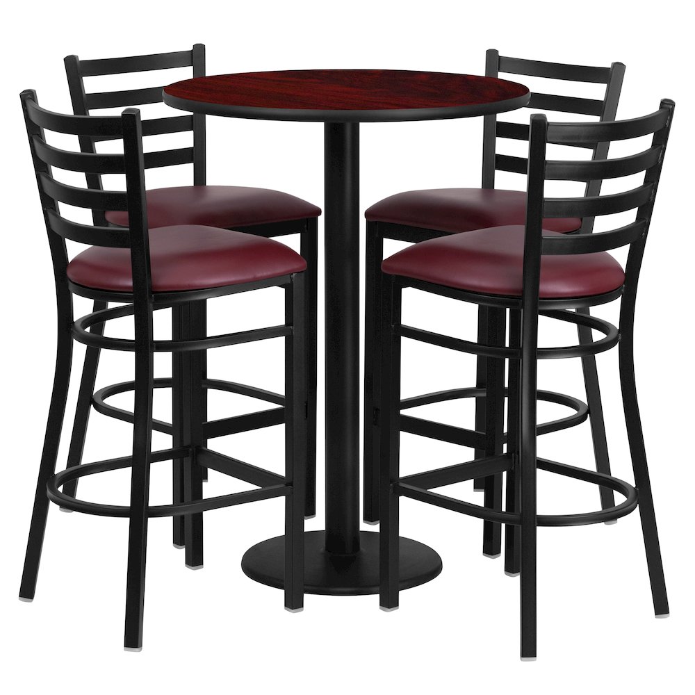 30'' Mahogany Table Set with Base and 4 Metal Barstools - Burgundy Vinyl Seat. Picture 1