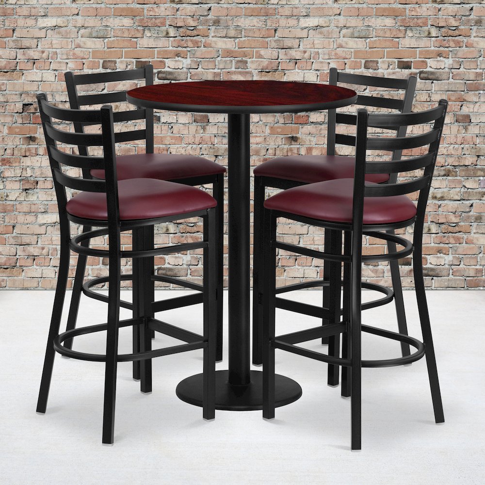 30'' Mahogany Table Set with Base and 4 Metal Barstools - Burgundy Vinyl Seat. Picture 2