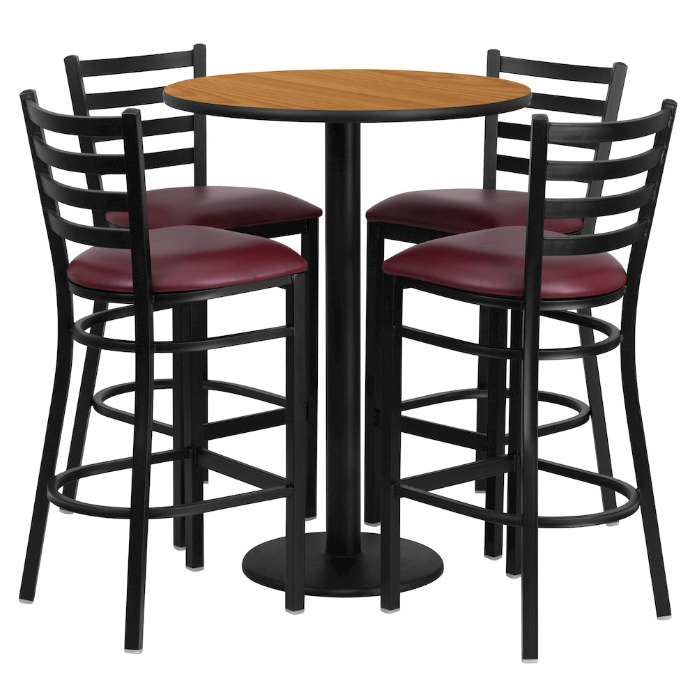30'' Natural Table Set with Base and 4 Metal Barstools - Burgundy Vinyl Seat. Picture 1