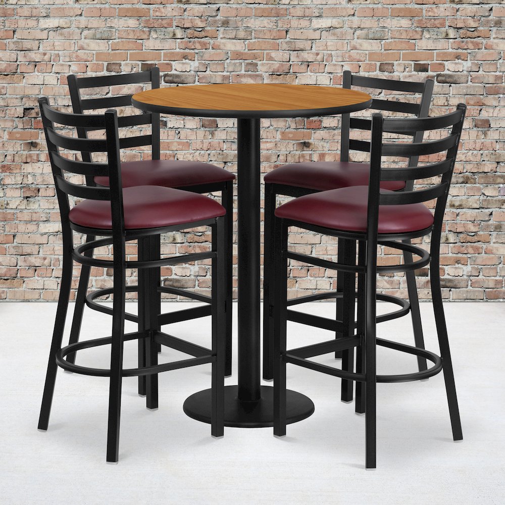 30'' Natural Table Set with Base and 4 Metal Barstools - Burgundy Vinyl Seat. Picture 2
