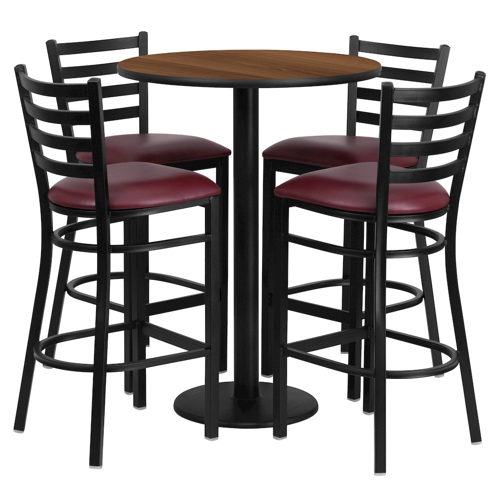 30'' Round Walnut Laminate Table Set with Round Base and 4 Ladder Back Metal Barstools - Burgundy Vinyl Seat. Picture 1