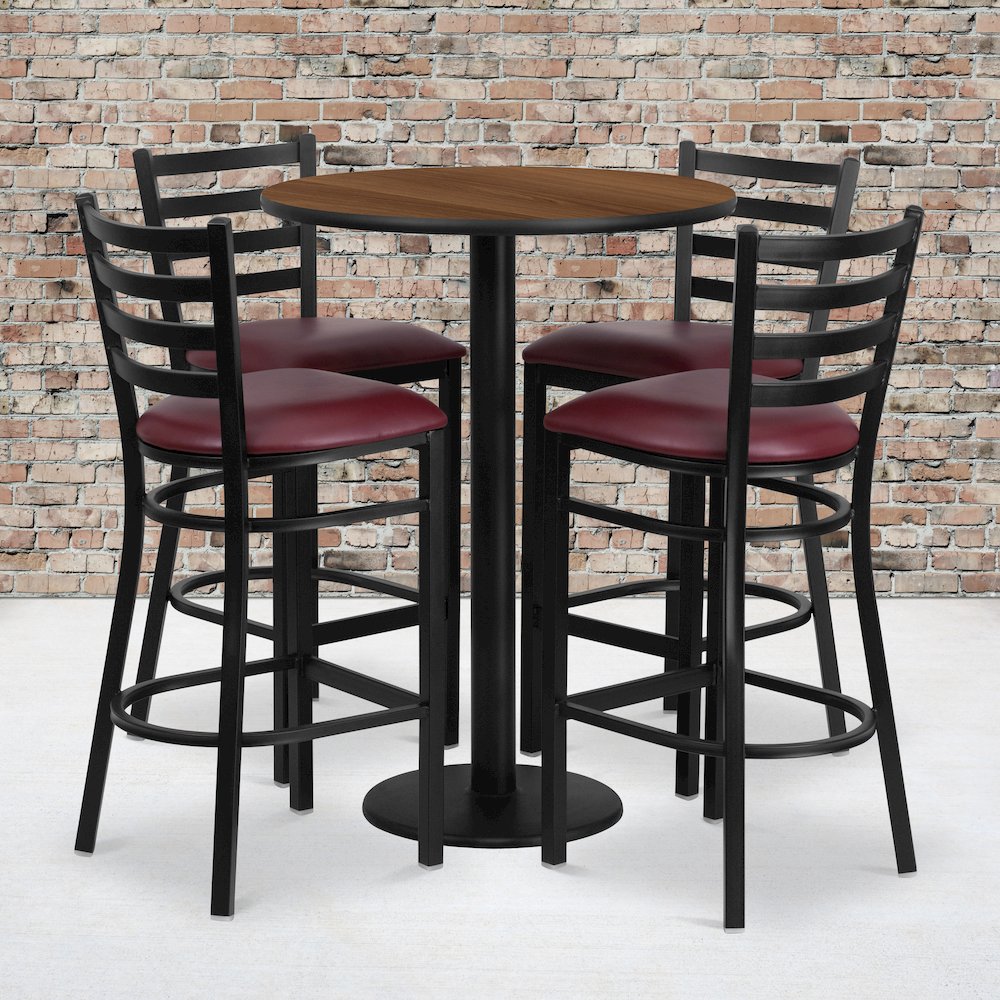 30'' Round Walnut Laminate Table Set with Round Base and 4 Ladder Back Metal Barstools - Burgundy Vinyl Seat. Picture 2