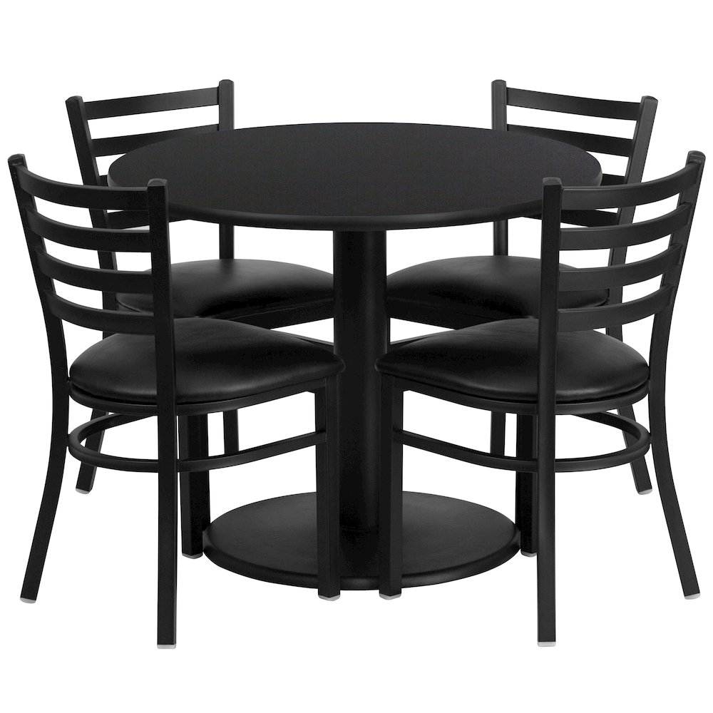 36'' Black Table Set with Base and 4 Ladder Back Metal Chairs - Black Vinyl Seat. Picture 1