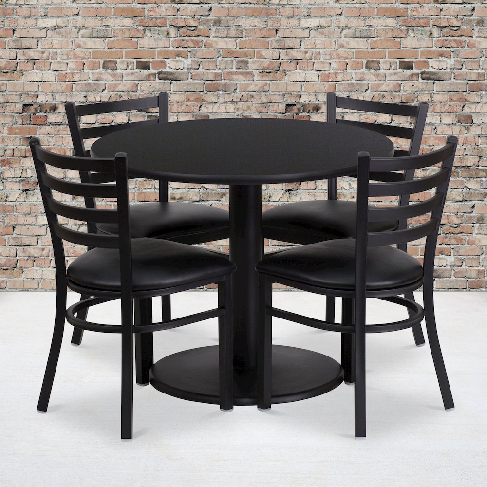 36'' Black Table Set with Base and 4 Ladder Back Metal Chairs - Black Vinyl Seat. Picture 2