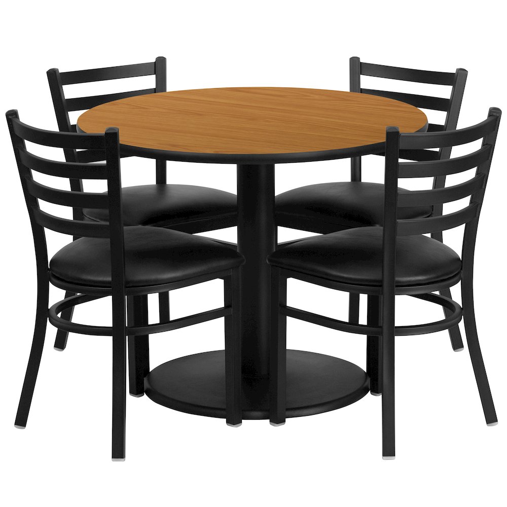 36'' Round Natural Laminate Table Set with Round Base and 4 Ladder Back Metal Chairs - Black Vinyl Seat. Picture 1