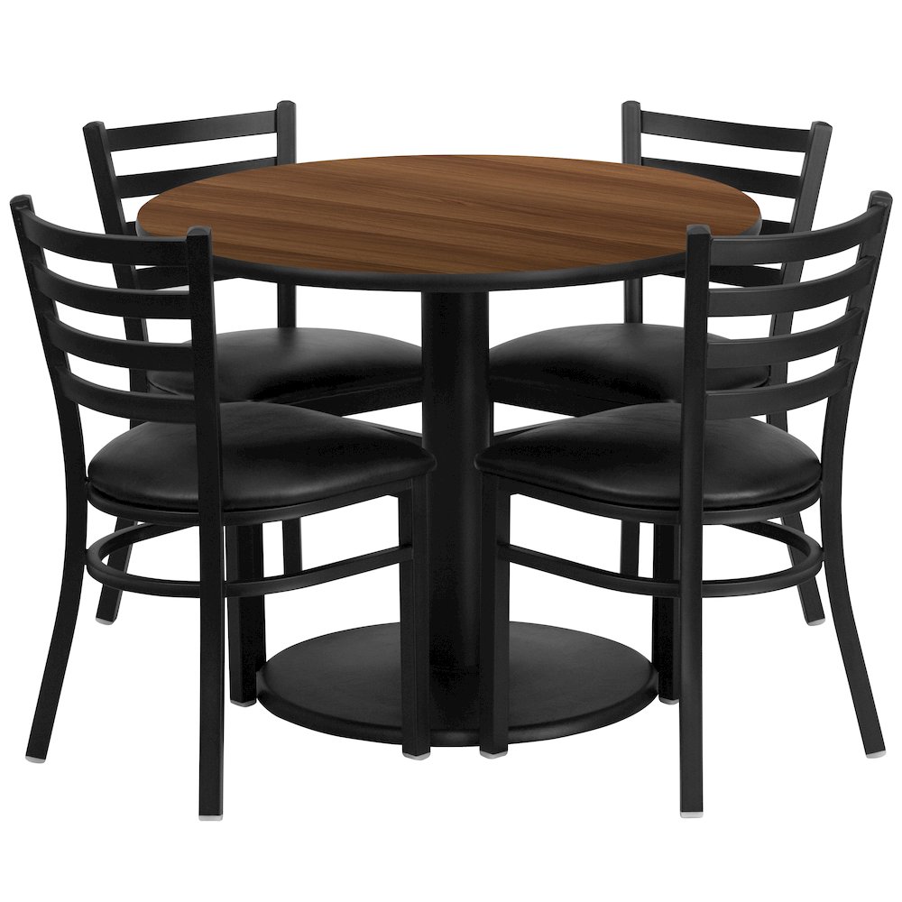 36'' Walnut Table Set with Base and 4 Metal Chairs - Black Vinyl Seat. Picture 1